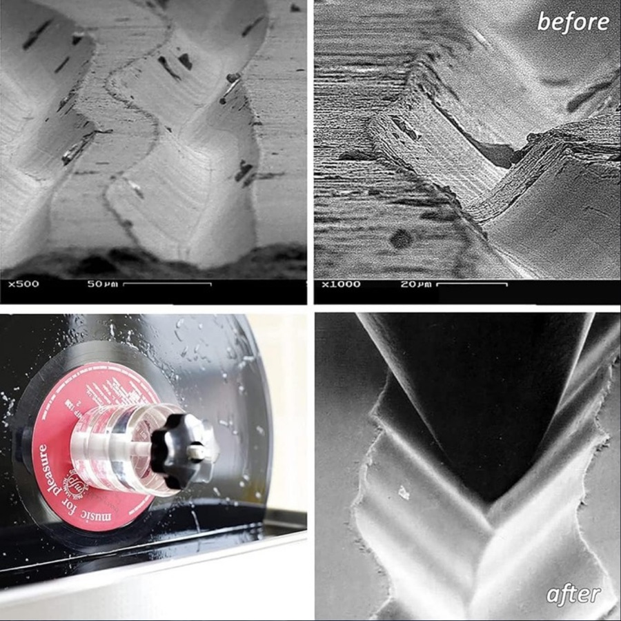 Microscope photos of a record groove before and after ultrasonic cleaning
