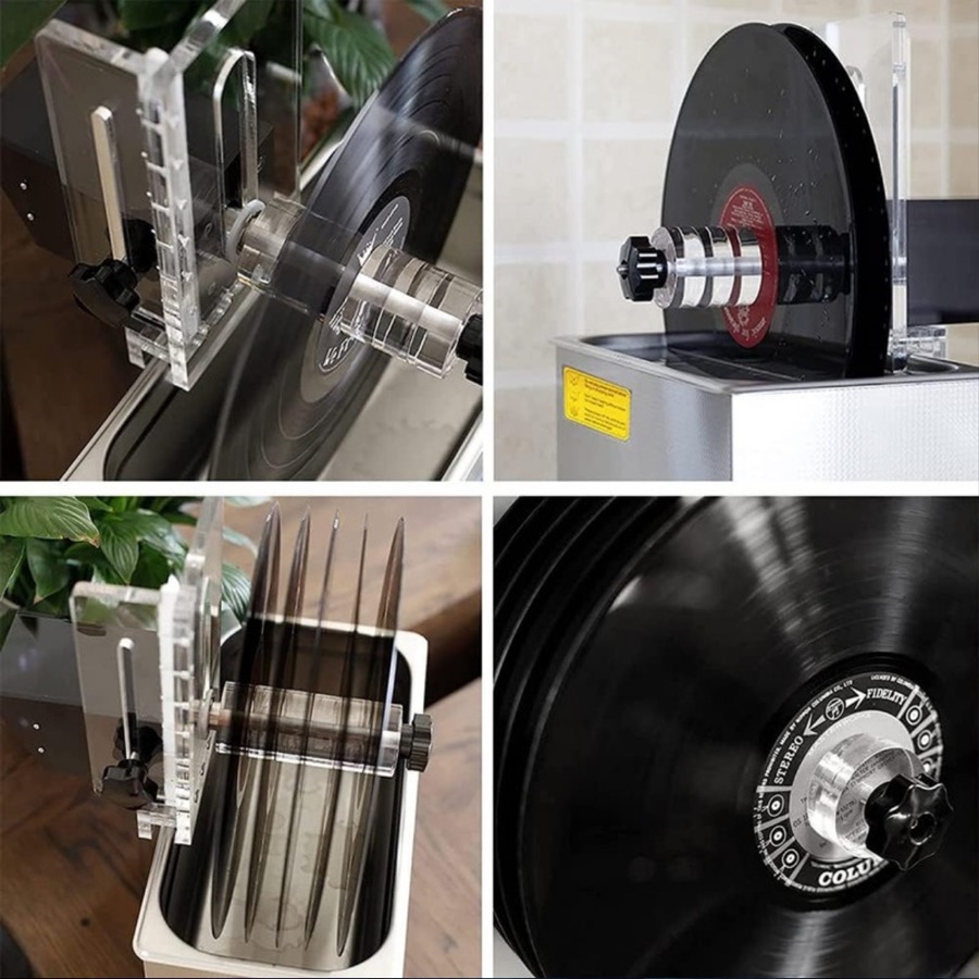 Records being cleaned in an ultrasonic record cleaner